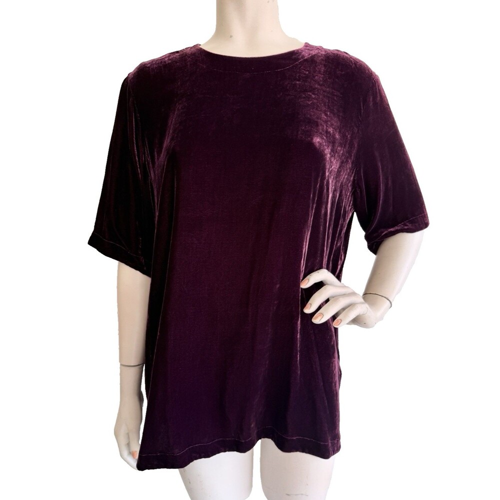EILEEN FISHER Velvet Blouse Top Maroon Oversized Rayon Silk Short Sleeve Size M